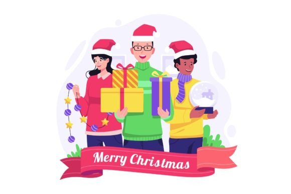 Celebrating the Festive Season with People Celebrate Christmas Illustration